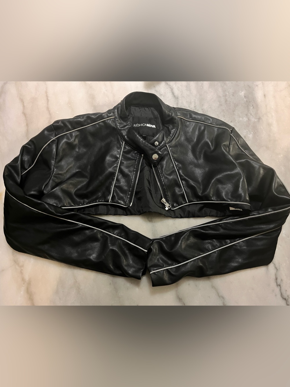 Fashion Nova Black Faux Leather Moto Jacket with White Piping